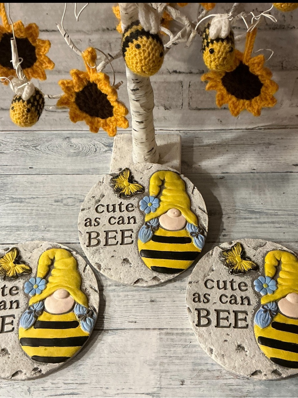 Set of 3 Bee Gnome Cement Garden Wall Plaques/Stepping Stones